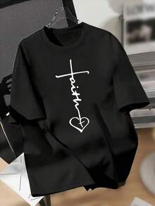 Camiseta con gráfico "Father Heart" (talla grande), primavera, cuello redondo, corte holgado, informal, corte relajado, estampado artístico. - Negro - Ver 1