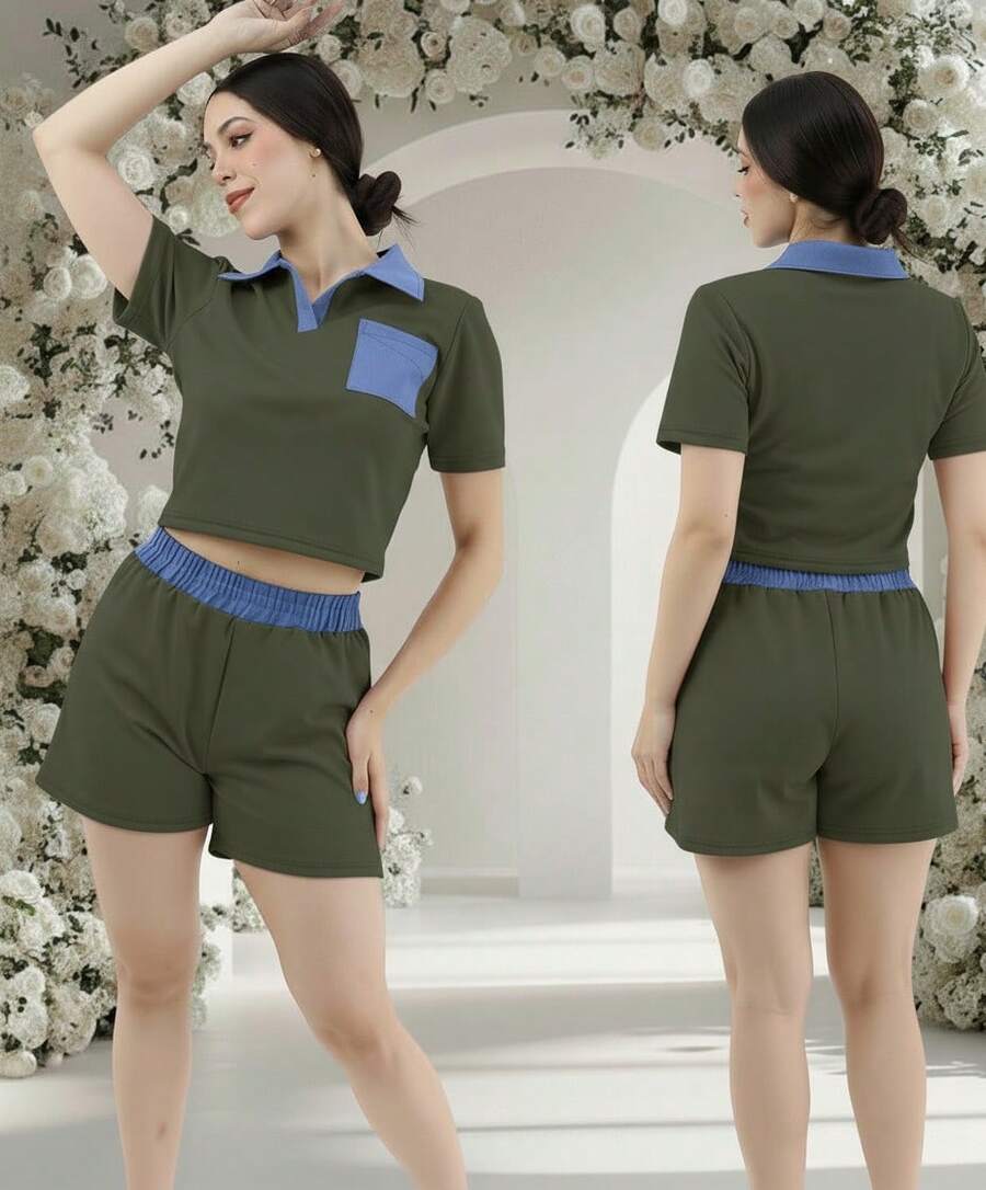 Women Two-Piece Outfits - Olive Green - View 1