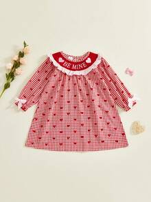 Toddler Baby Girl Valentines Day Outfit Love Heart Embroidery Dress Doll Collar Long Sleeve Smocked Dress For Kids - 紅色 - 查看 6