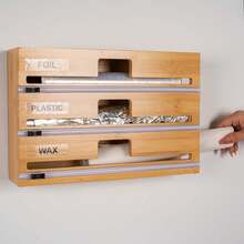 Bamboo & Wood Wall-Mounted Cling Film Cutter, Commercial & Home Kitchen Creative Multi-Compartment Multi-Layer Dual-Direction Cutting Machine