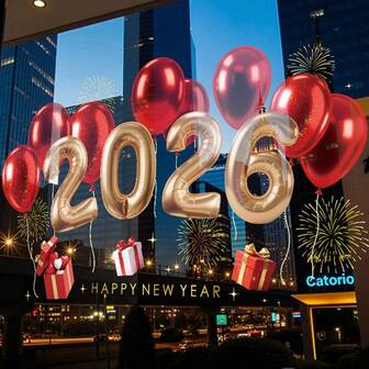 1set 2026 New Year Window Stickers, Featuring Golden 2026 Numbers, Balloons, Fireworks, And Happy New Year Text, Holiday Room Decorations, Decorative Patterns, Durable Adhesives, Seasonal Decorations, Static Stickers, Self-Adhesive Windows, Reusable Static Stickers, New Year Home Window Decoration Stickers, New Year's Day Decoration Stickers
