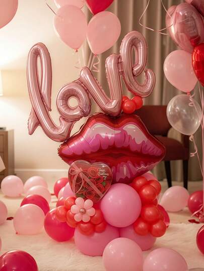 32件/套情人节气球套装，包含一个40英寸“爱”字铝箔气球和亲吻嘴唇气球，适合情侣约会房间装饰、结婚纪念日、新娘房装饰。