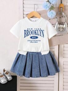 Young Girl Letter Print Short Sleeve Top And Denim Skirt Set - White - View 1