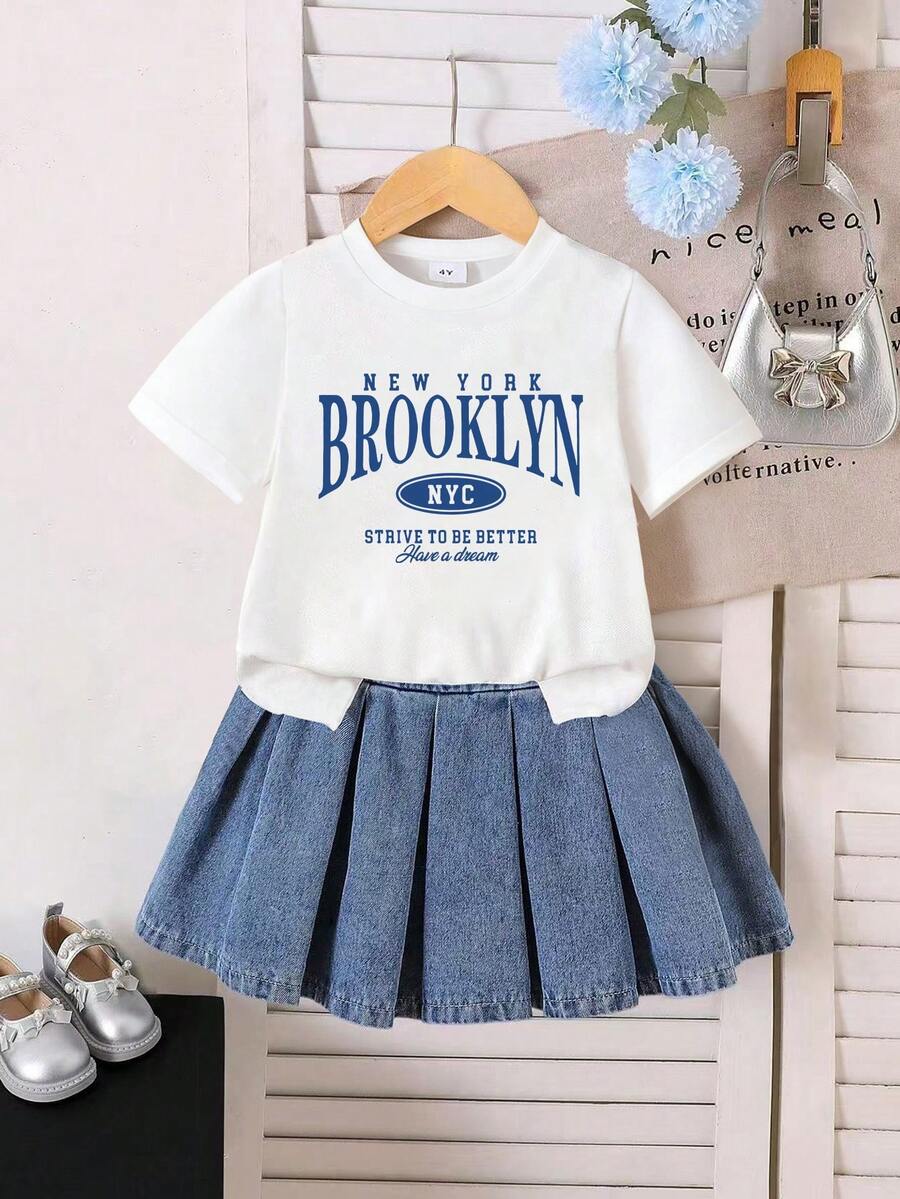 Young Girl Letter Print Short Sleeve Top And Denim Skirt Set - White - View 1