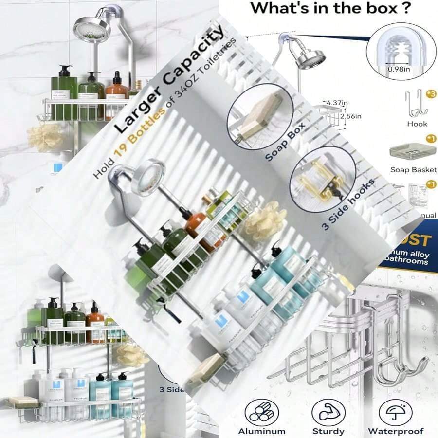 Shower Caddy Hanging - Never Rust, Aluminum With Hooks & Soap Holder For Inside Shower