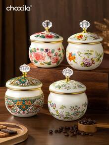 1 个糖罐、咖啡罐、茶叶罐、多功能储物罐、食品储物罐、搪瓷材质、图案设计。