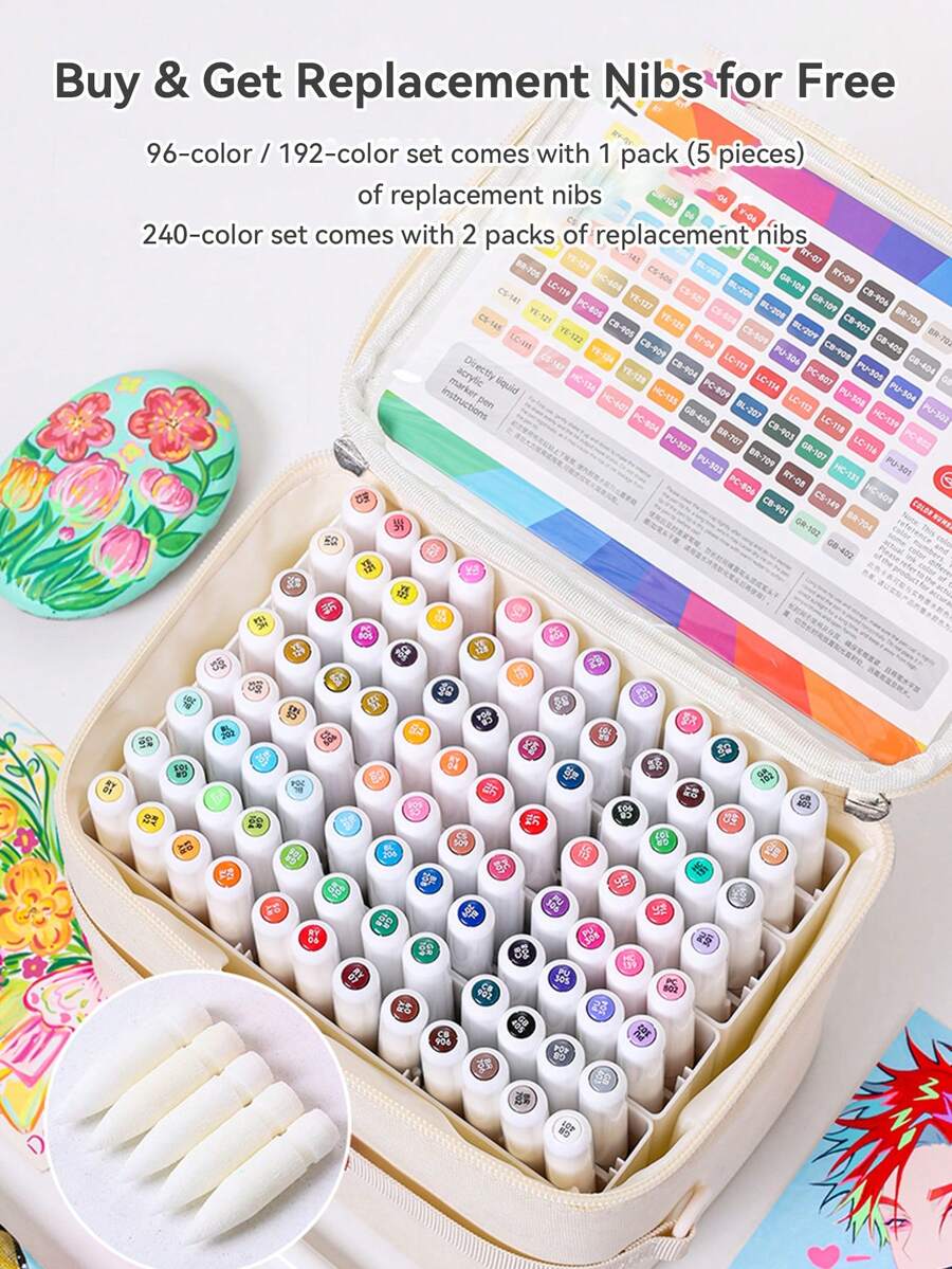 96/192/240色朗格丙烯马克笔，直接液体绘画专用马克笔，附赠布袋和礼盒，丙烯颜料笔套装，学生可使用美术绘画工具进行艺术创作，画笔可叠加颜色而不漏墨，返校季礼物，送给学生和朋友的礼物，圣诞节和新年礼物 - 彩色 - 查看 1