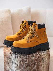 男士增高鞋高帮靴，复古美式工装靴 - 黃棕 - 查看 6