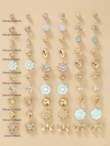 30pcs/Set Assorted Heart, Flower, Bow Stud Earrings, Metal Rhinestone Casual Everyday Jewelry Gift Set - Multicolor - View 5