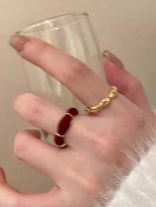 1 PC Gold Plated Floral Ring Open Adjustable Design Red Enamel Accents Irregular Flower Shape Stackable Vintage Style Jewelry For Women Daily Wear Wedding Party Festival Gift