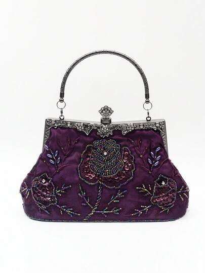 1件复古风紫色玫瑰刺绣串珠亮片花卉装饰手拿包，优雅盖茨比风格，适合女性，新年、派对、婚礼、正式场合