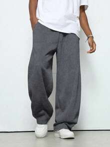 1件青少年男童休闲宽松舒适户外运动纯色抓绒针织直筒裤，春/秋/冬 - 深灰色 - 查看 2