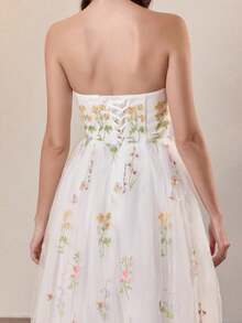 Women's Flowers Embroidery Tulle Prom Dress Strapless Puffy Bodycon Tea Length Formal Evening Party Gowns - White - View 3