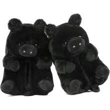 Bashful Teddy Bear Plush Slippers For Women,Pig Slippers,Cozy Plush Animal Slipper With Face-Pawing Shy Design,Non-Slip Fuzzy Winter Indoor House Shoes, Birthday Christmas Gift Ideas (US Sizes 9-12)Christmas - Pig-02-黑色 - 查看 1
