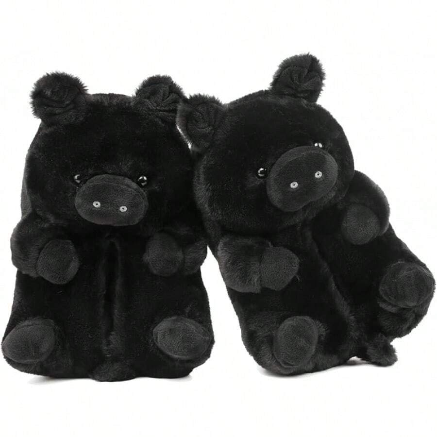 Bashful Teddy Bear Plush Slippers For Women,Pig Slippers,Cozy Plush Animal Slipper With Face-Pawing Shy Design,Non-Slip Fuzzy Winter Indoor House Shoes, Birthday Christmas Gift Ideas (US Sizes 9-12)Christmas - Pig-02-黑色 - 查看 1