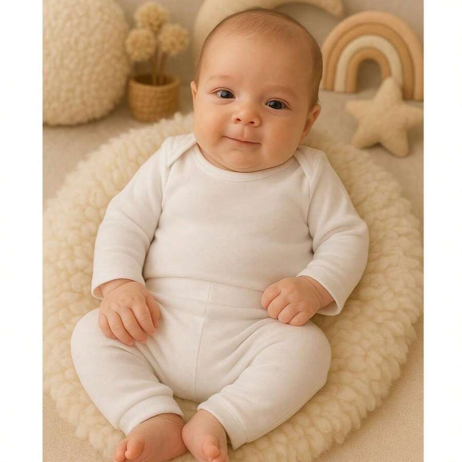 Baby 2-Piece Set: Long-Sleeved Bodysuit And Footed Pants, 100% Cotton Suedine Fabric, Maternity Layette, Kids' Romper, Children's Clothing - 白色 - 查看 1