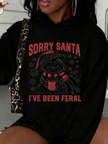 Women Pattern And Text Print Hooded Sweatshirt Christmas Holiday Party Casual Wear - Black - View 1