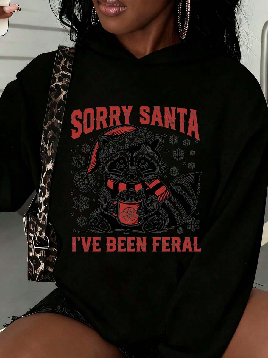 Women Pattern And Text Print Hooded Sweatshirt Christmas Holiday Party Casual Wear - Black - View 1