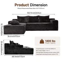 105'' Modern Minimalist Modular Cloud Sectional Sofa – Compressed L-Shape Couch With Chaise Lounge, Corduroy Fabric & High-Density Foam, No Assembly Deep Seat For Living Room (Sala), Bedroom - Màu xám đen - Xem 9