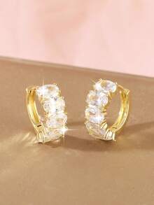 1pair Fashionable Copper & Rhinestone Inlaid Starfish & Small Flower Ear Studs/Hoop Earrings, Perfect For Dating Gifts Valentines - Round - View 9