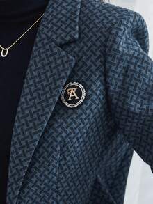 女士格子羊毛混纺西装外套，时尚厚实羊毛休闲长袖西装外套，尽显高端气质，秋冬款 - 藍色 - 查看 6