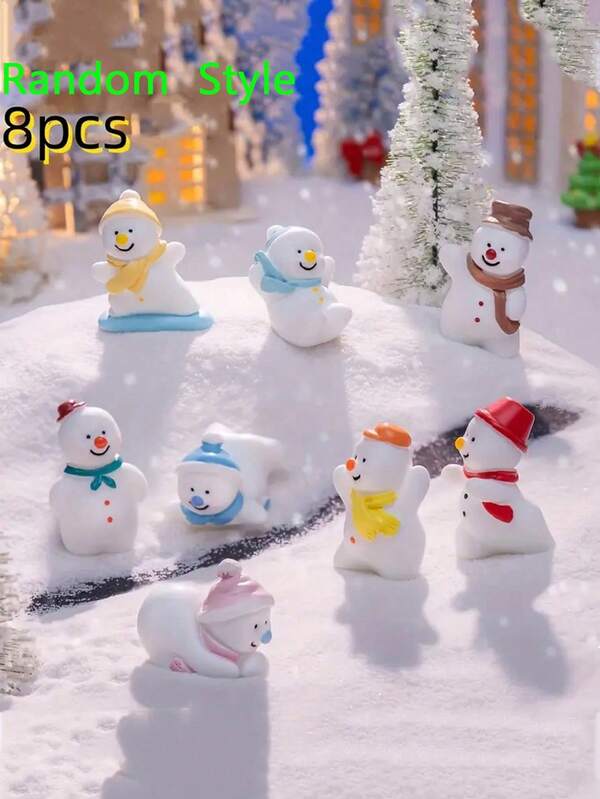 8pcs Resin Snowmen Figurines Set For Christmas, Freestanding Winter Holiday Tabletop Decor, Festive Snowball Fight Snowman Figures, Charming Xmas Tree Accents And Candy Bag Fillers, Outdoor Holiday Decorations Without Feathers ﻿