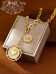 1 Piece 14K Gold Sun Heart Coin Pendant Necklace For Women,Chunky Paperclip Choker Necklace Jewelry Gift For Wedding/Anniversary/Mother's Day/Valentin's Day/Christmas Day