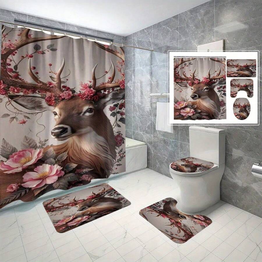 4pcs Christmas Winter Atmosphere Shower Curtain Set, Deer With Floral Antlers Pattern, Foldable High-Quality Shower Curtain Set, Polyester Digital Print Pattern Shower Curtain No-Drill Partition Bathroom, Best For Bathroom Decoration And Gift Giving, Bathroom Decor, Christmas Decorations - 4PCS - View 1