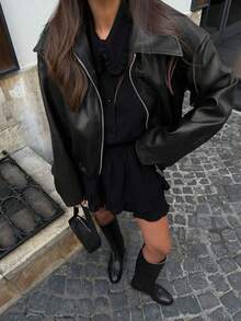 休闲时尚纯色拉链口袋女式夹克外套，复古翻领长袖简约PU皮宽松夹克，新款复古做旧皮夹克，秋冬季，纯色拉链长袖复古休闲PU夹克，适合秋冬季穿着，黑色 - 黑色 - 查看 2