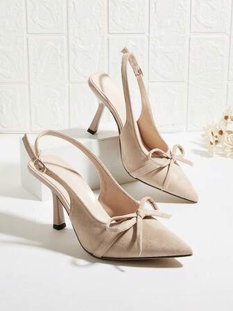 杏色仿麂皮蝴蝶结装饰尖头细高跟鞋，适合日常穿着、宴会、派对等场合，时尚女鞋，蝴蝶结图案和方向随机