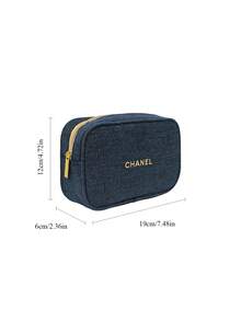 CHANEL 圣诞海军蓝粗花呢化妆包，拉链封口，金色箔印标志，旅行洗漱包 - 藍金色 - 查看 7