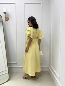 Double Layered Sleeve Midi Dress With Adjustable Sash Belt - Màu vàng nhạt - Xem 3