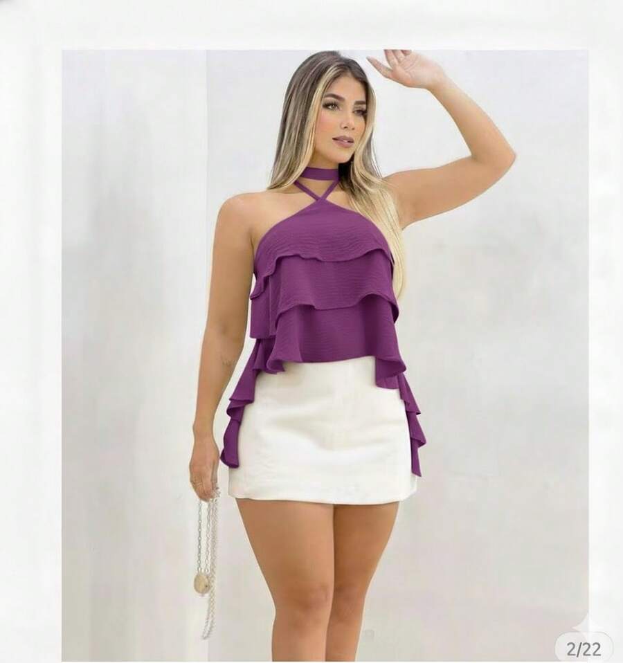 Cropped Blouse With Ruffles: Stylish, Comfortable, Versatile, Perfect For Bloggers - Purple - View 1