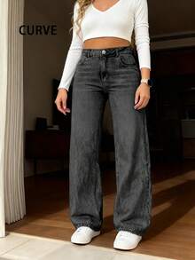 Quần jean ống đứng denim cỡ lớn có túi cài nút, khóa kéo, dài đến đầu gối, chất liệu vải không co giãn - Màu xám đen - Xem 3