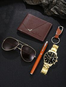 5pcs Men's Watch + Sunglasses + Wallet Set, Fashionable Sports Business Luxury Stylish Cool Men's Watch, Designed For Men, Essential Daily Accessory For Men, Great Gift For Anniversary, Valentine's Day, Birthday, Holiday - Gold - View 9