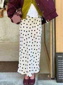 大码女士经典波点印花优雅缎面长裙 - 杏色 - 查看 1