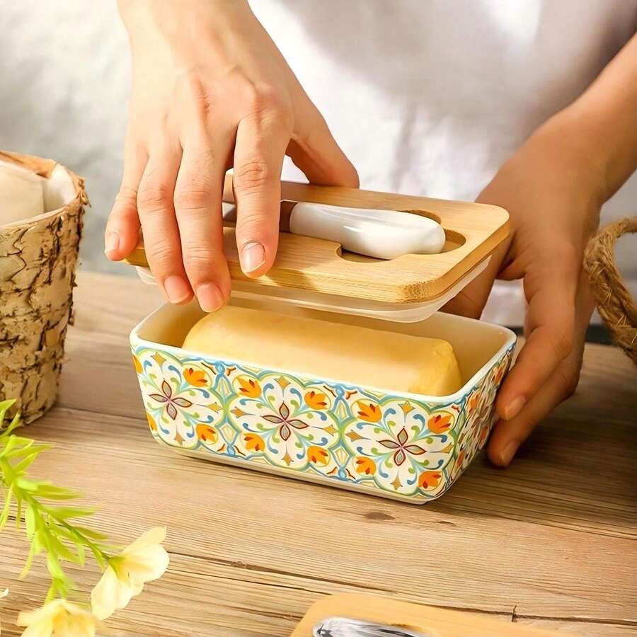 1 Recipiente de cerámica americana amarillo de 350ml con tapa y cuchillo para mantequilla, 3 patrones para elegir - Perfecto para tarros de queso, cajas de mantequilla, cuchillos de mantequilla, cuchillos de queso, espátulas para el hogar - Recipiente para mantequilla, caja de mantequilla sellada, sartén para mantequilla - Multicolor - Ver 1