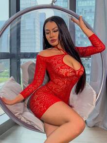 1pc Women Sexy Lingerie Valentine'S Day Long Sleeves Sexy Fishnet Cover Up Without Bikini For Music Festival Hollow Out Bodycon Dress See Through Beachwear Summer Women'S Swimwear Clothing Swimsuit