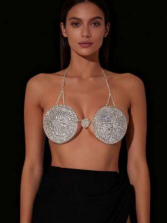 Sujetador de lencería de bikini con cristal en forma de media luna; Lencería brillante para el Body; Ropa de noche