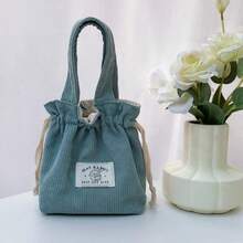1pc Women's Handbag With Drawstring Closure, Simple And Durable, Women'S Versatile Corduroy Bag, Corduroy Drawstring Handbag, Lightweight Foldable Purse With Corduroy Exterior & Drawstring Closure, Minimalist Bag For Camping Travel, Work - Màu xanh bụi bặm - Xem 2