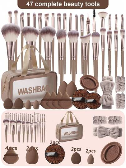 47PCS Makeup Tools Set Including:1pc Multi-Functional Zipper Toiletry And Cosmetic Bag Waterproof+30PCS Makeup Brush Set+2PCS Makeup Sponges+2PCS Mini Makeup Sponges+4PCS Triangle Powder Puffs+2PCS Mini Air Cushion Powder Puffs+1pc Makeup Brush Cleaning Tools+1pc Hairband+2PCS Hand Bowl Strap+2PCS Facial Cleansing Sponges.All-In-One&Beginner-Friendly|Travel-Ready&Gift-Ready|Perfect For Newbies/Her,Brush Set,Makeup Brush Kit,Make Up Brush Set,Make Up Set Complete,Makeup Brush Set,Complete Makeup Kit,Brush Kit,Brushes Makeup Set,Makeup Gift Set