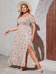 Vestido con hombros descubiertos, vestidos de talla grande para mujer,fruncido y abertura floral en estampado