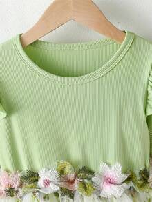 Girls' Floral Embroidery Mesh Dress, Casual Long Sleeve Round Neck Green Dress - Green - View 3