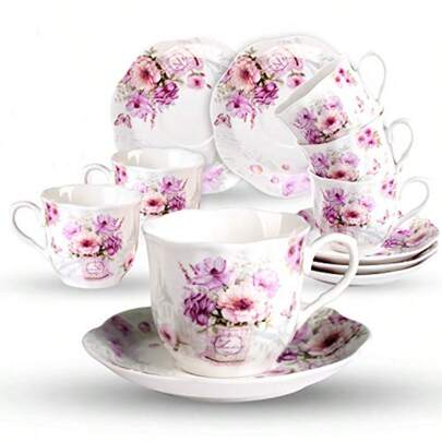 TFKI 7 Oz Porcelain Tea Cups And Saucers Set Of 6Purple Fancy Floral Pattern Perfect For Cappuccino Flat White Coffee Americano Hot Tea Or Desserts