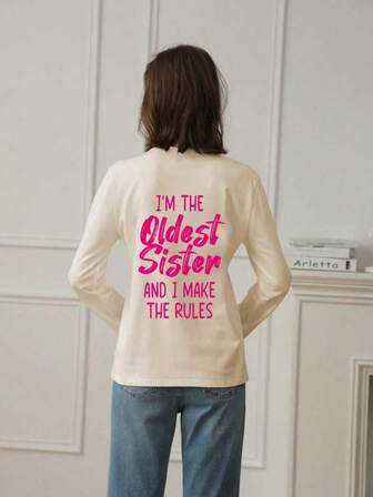 女童图案印花圆领长袖T恤，秋冬上衣