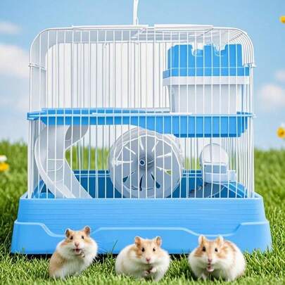 双层便携式仓鼠笼 - 迷你城堡栖息地，带滚轮、水瓶和食盆 - 适用于仓鼠/小鼠的通风旅行笼（蓝色/粉色/灰色）