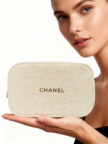 CHANEL Christmas Beige Fabric Makeup Pouch With Gold Embroidered Logo, Zippered Travel Cosmetic Bag - Platinum - View 6