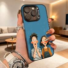 Cubierta de teléfono con diseño de personajes animados azul con ilustración de pareja sorprendida para uso diario en casa Aplicable a teléfonos Apple y Galaxy - Negro - Ver 4