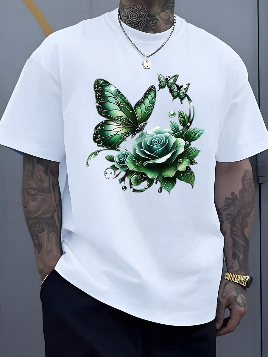A Green Butterfly Symbolizing Freedom And Transformation Surrounds An Emerald Rose Representing Hope And Calm, Joined By Drops Evoking Purity And Natural Energy. Men's T-Shirt, 100% Cotton, Comfortable And High Quality. - 白色 - 查看 1