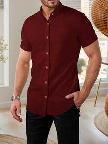 Men's Short-Sleeve Shirt With Mandarin Collar And Linen-Look - Assorted Colors - Comfortable - 紅木色 - 查看 2